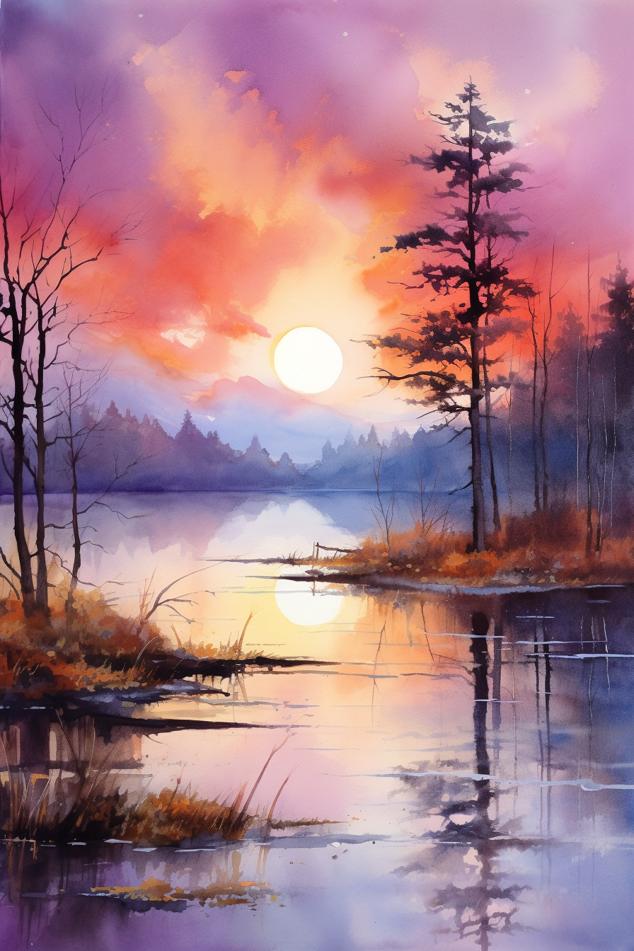 A painting of a sunset over a lake.