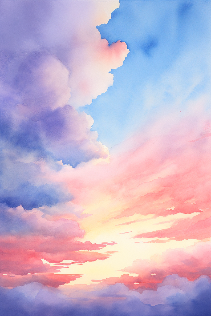 A watercolor painting of a sunset with clouds.