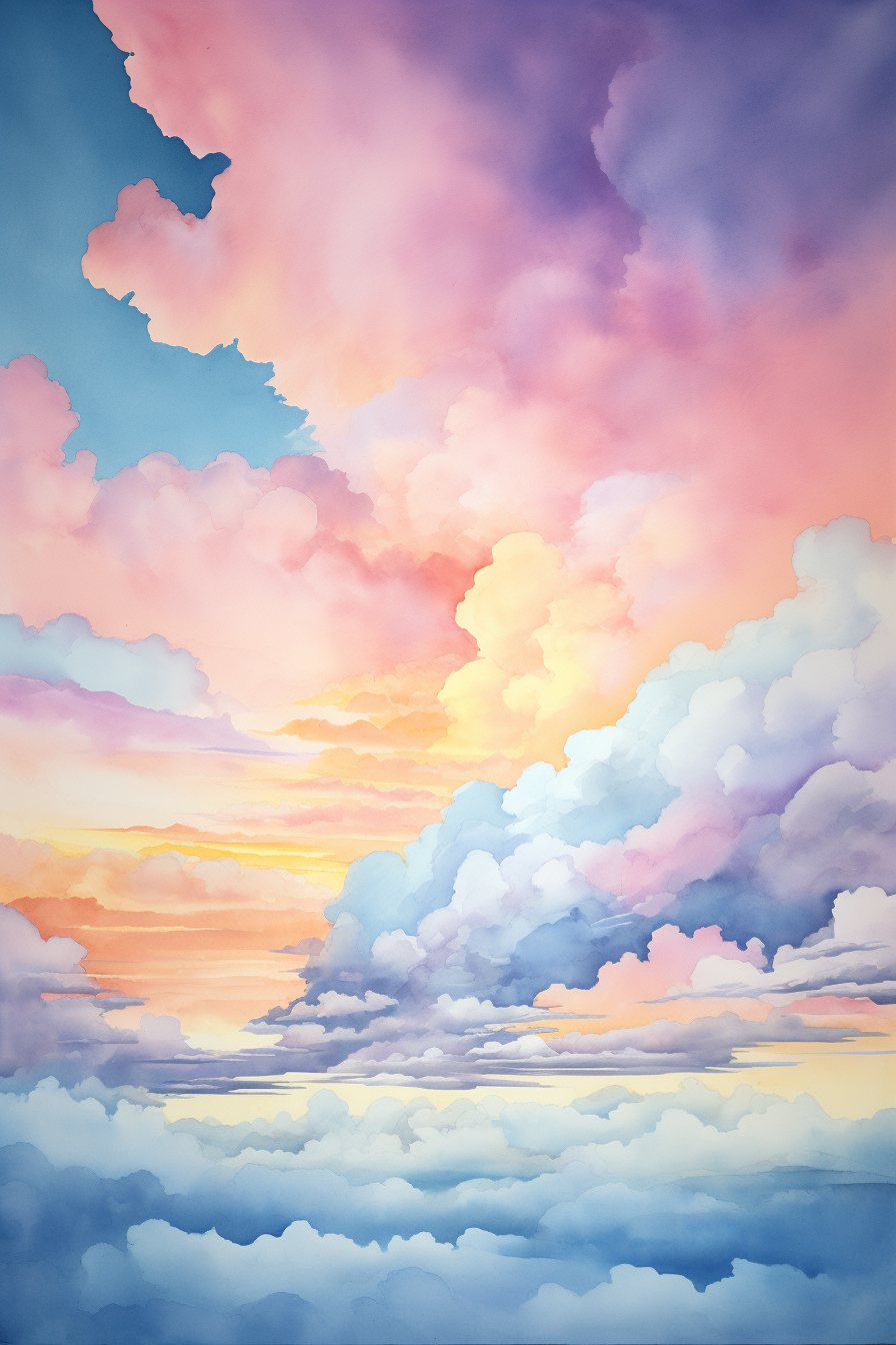 A watercolor painting of clouds in the sky.