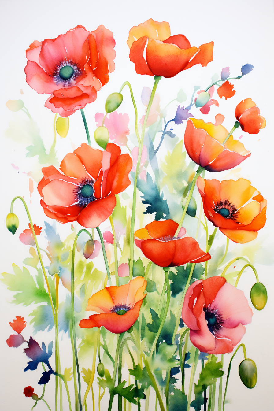 A watercolor painting of red poppies on a white background.