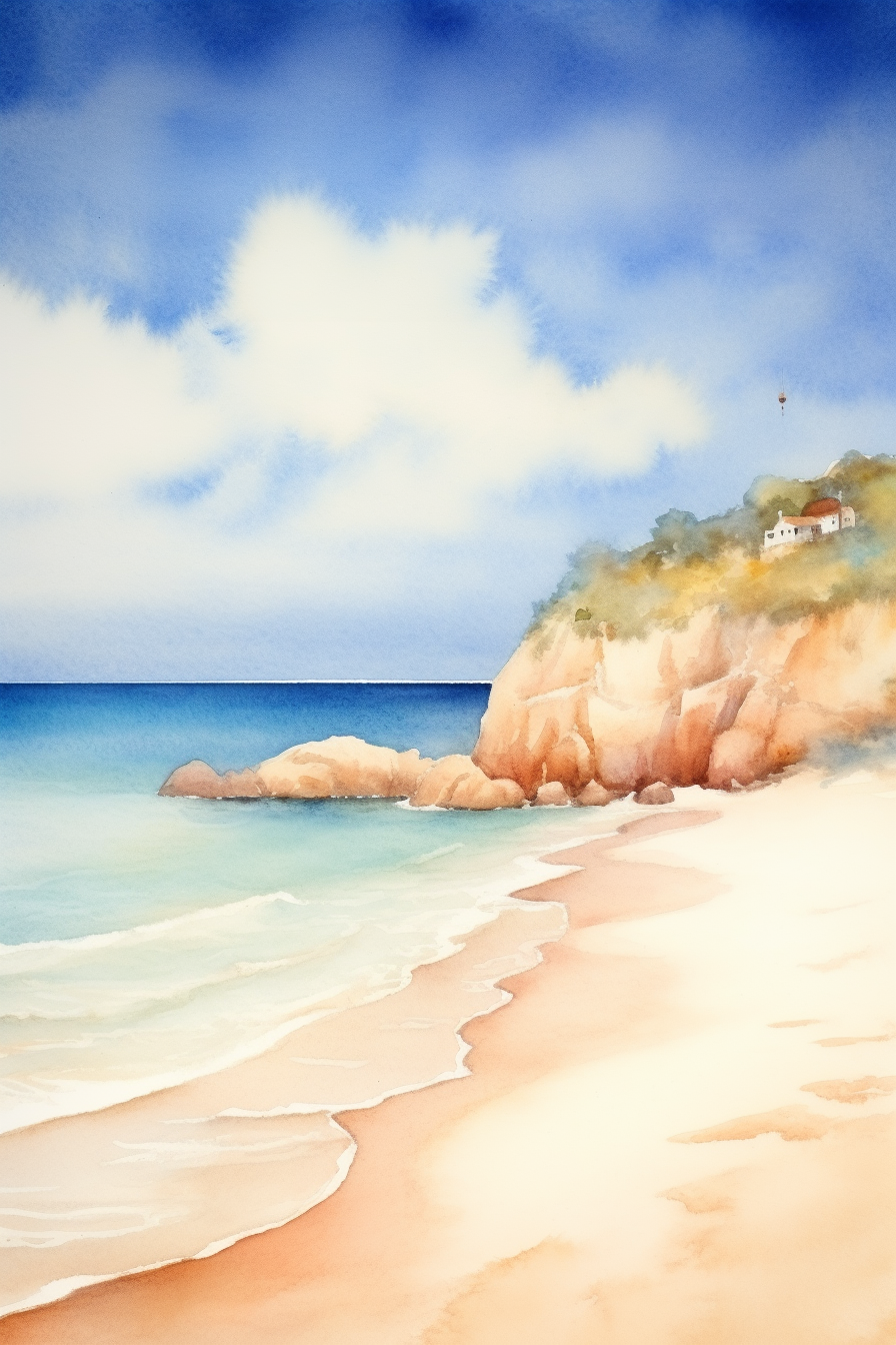 A watercolor painting of a beach with a house on it.
