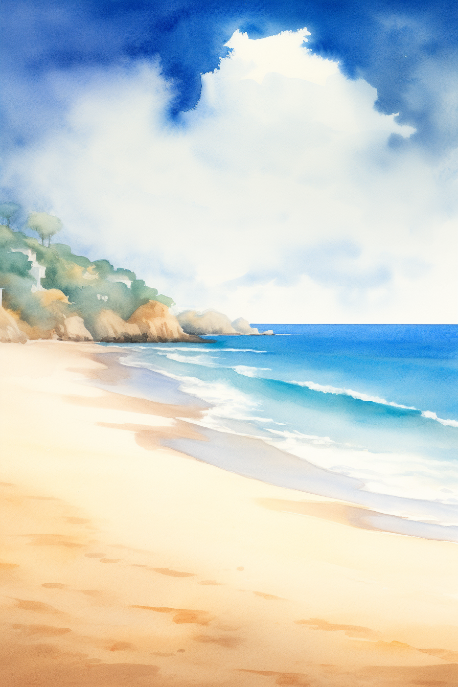 A watercolor painting of a beach.