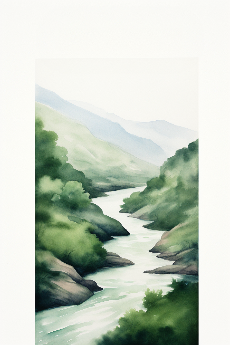 A painting of a river in the mountains.