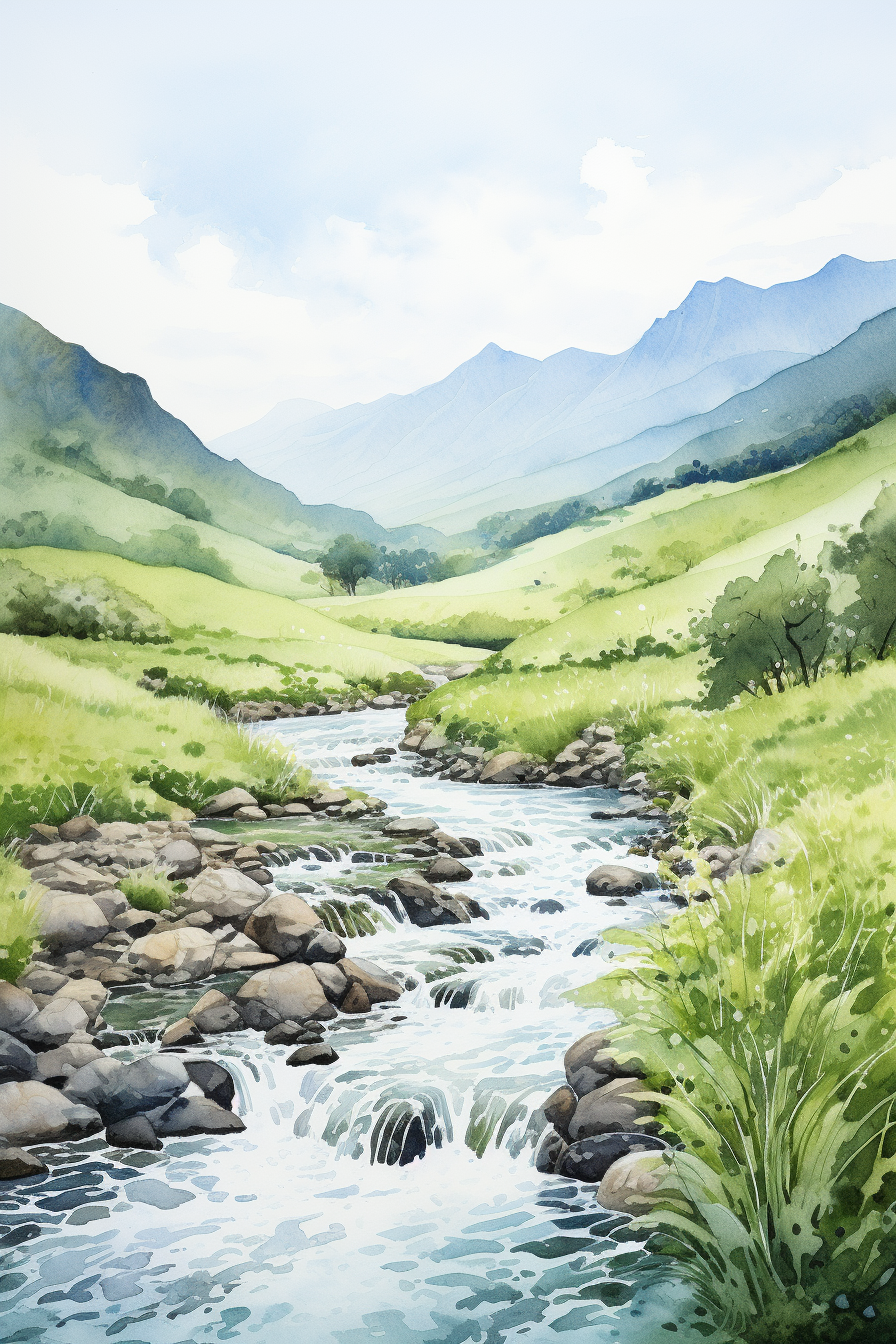 A watercolor illustration of a stream in a green valley.