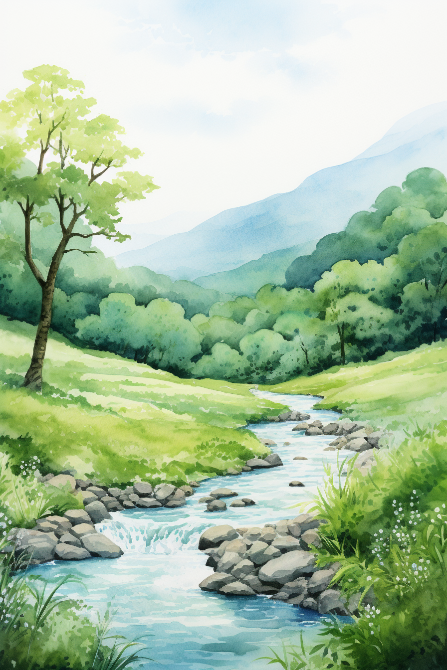 A watercolor painting of a stream in a green field.