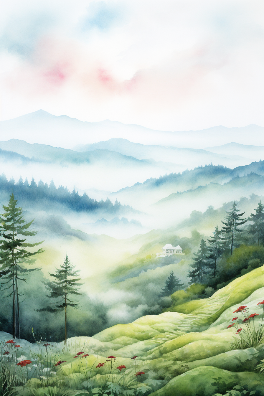 A watercolor painting of a landscape with trees and flowers.