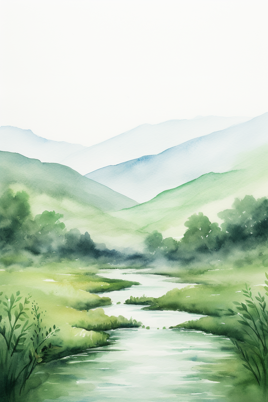 A watercolor painting of a river in the mountains.