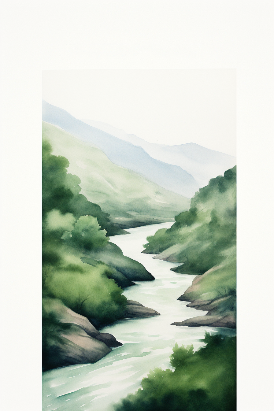 A painting of a river in the mountains.