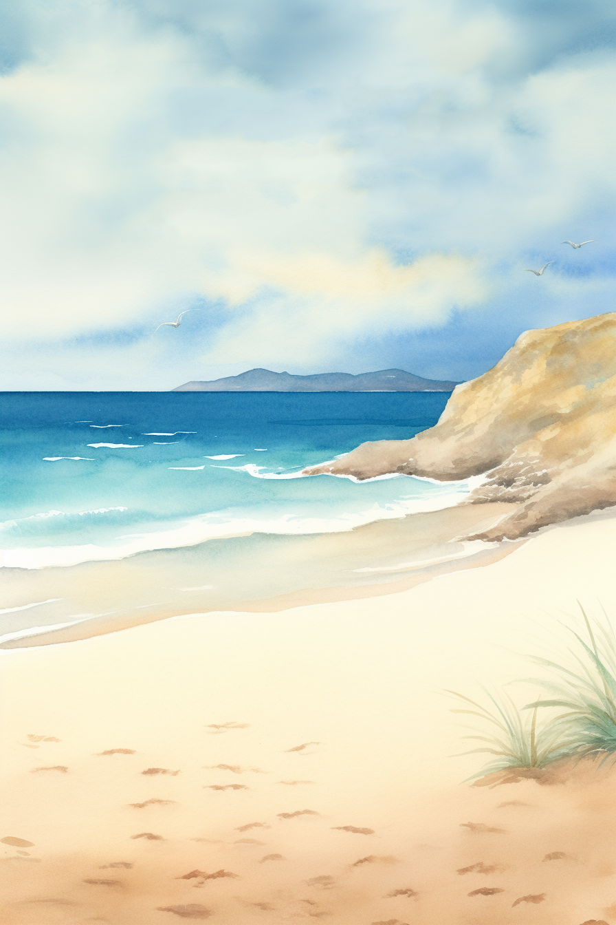 A painting of a beach with sand and grass.