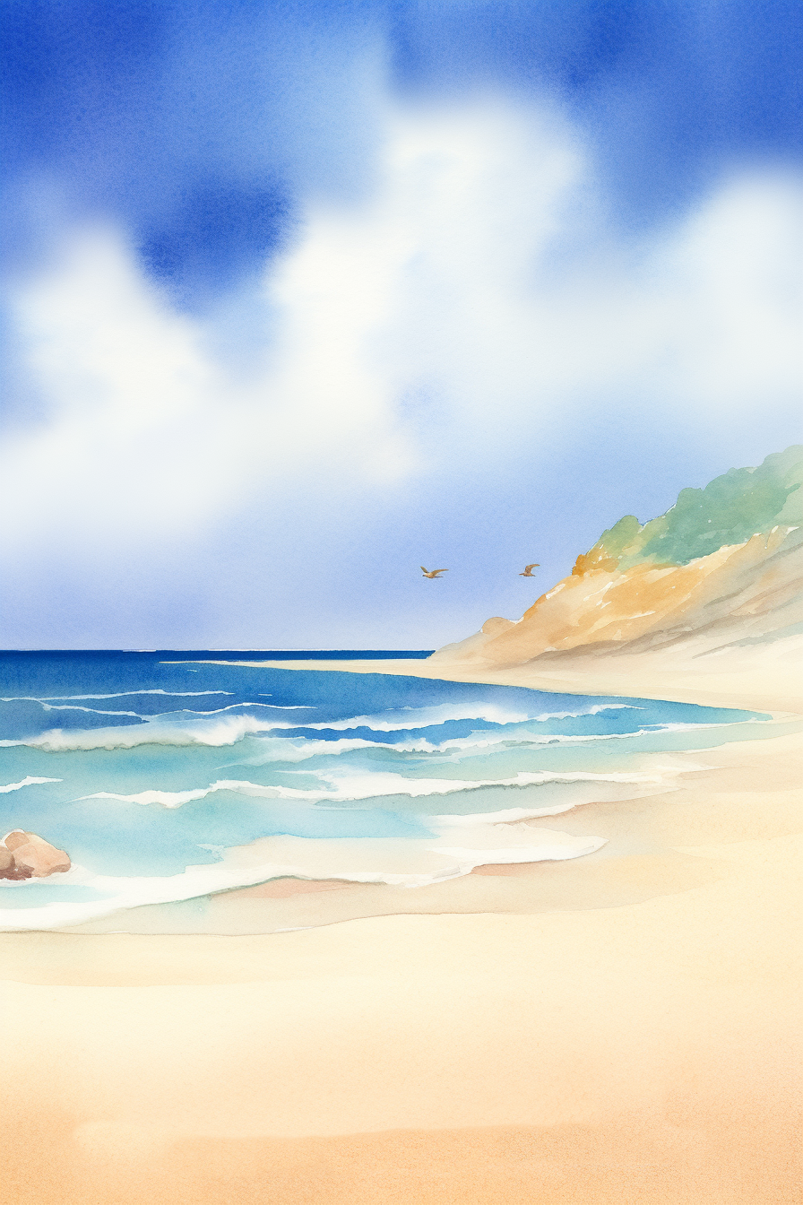 A watercolor painting of a beach.