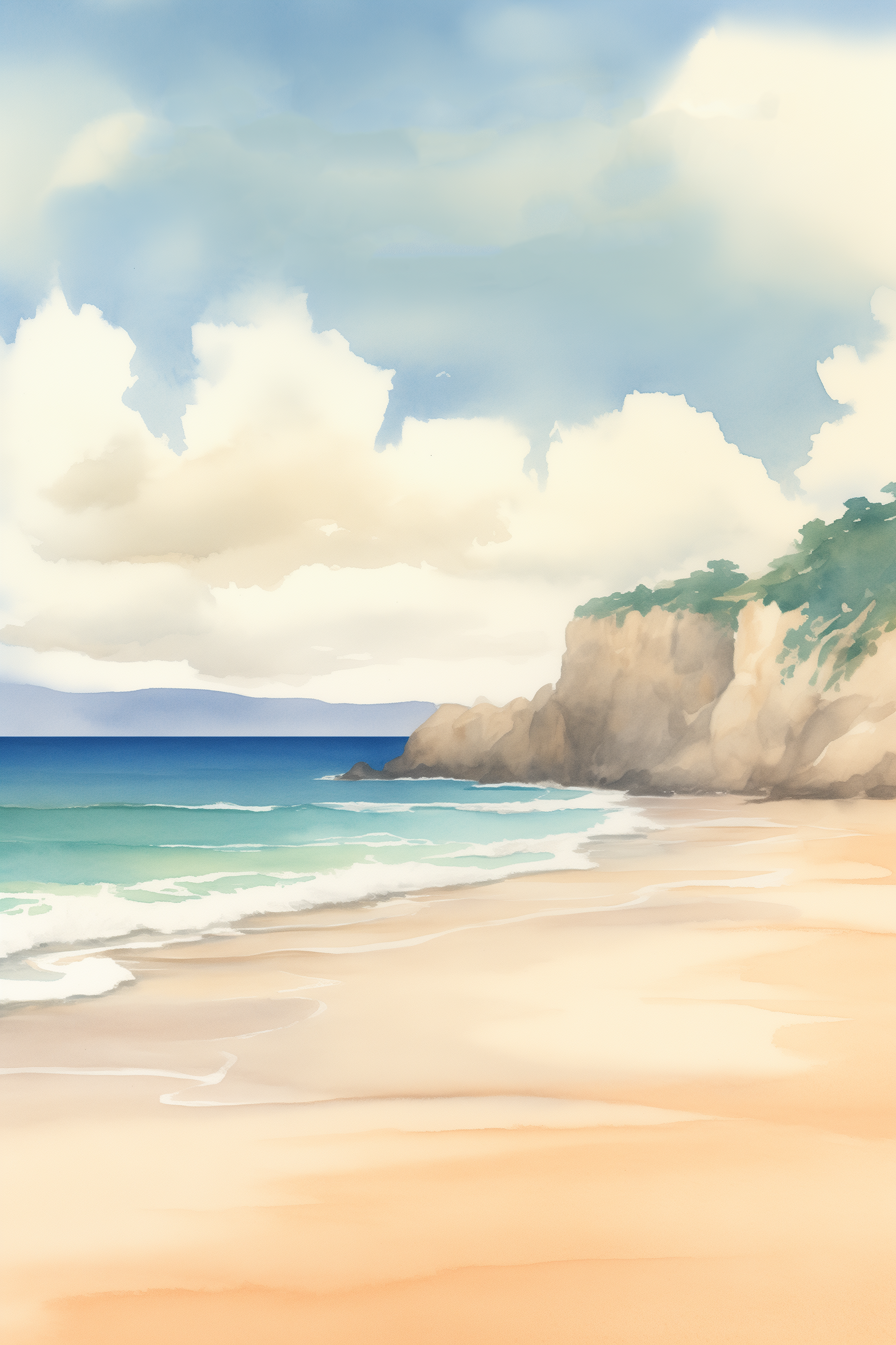 A painting of a beach with a cliff.