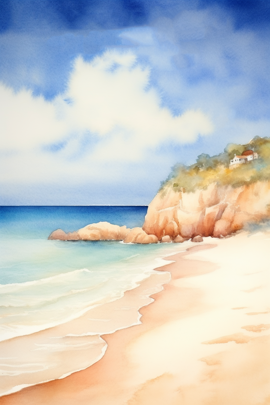 A watercolor painting of a beach with a house on it.