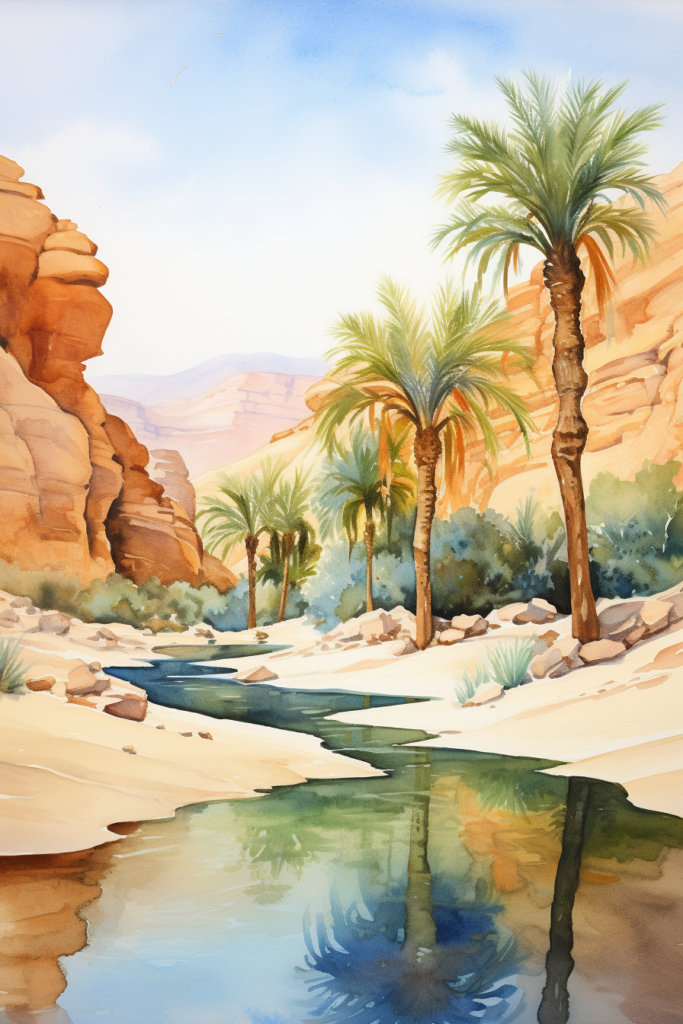 A watercolor painting of a river in the desert.