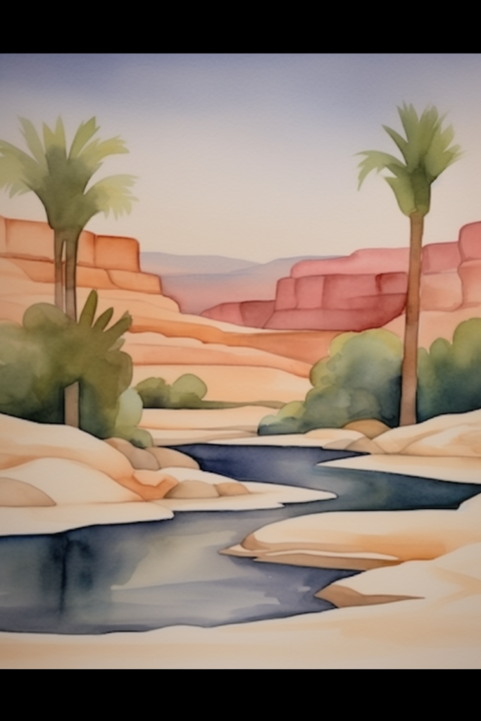 A watercolor painting of a river and palm trees.
