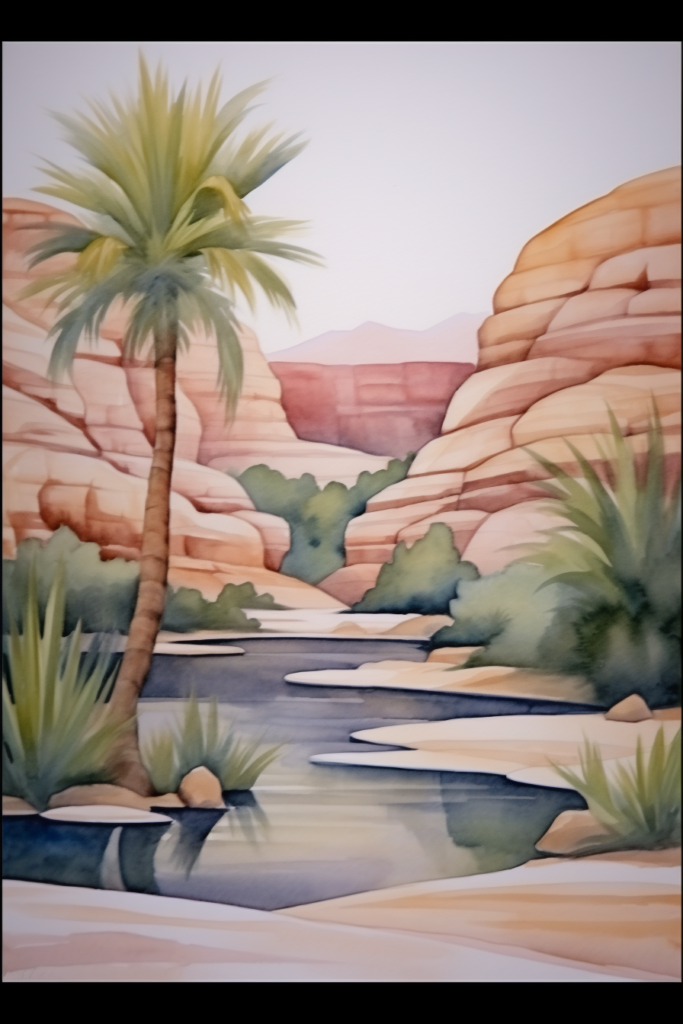 A watercolor painting of a desert landscape with palm trees.