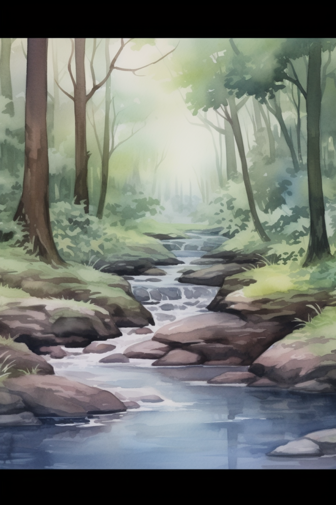A painting of a stream in the woods.