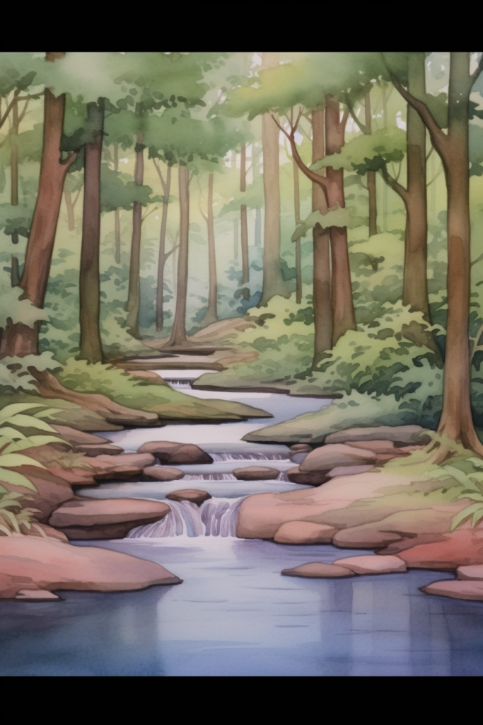 A painting of a stream in a forest.