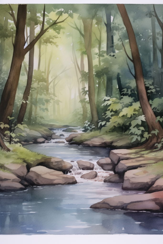A watercolor painting of a stream in a forest.