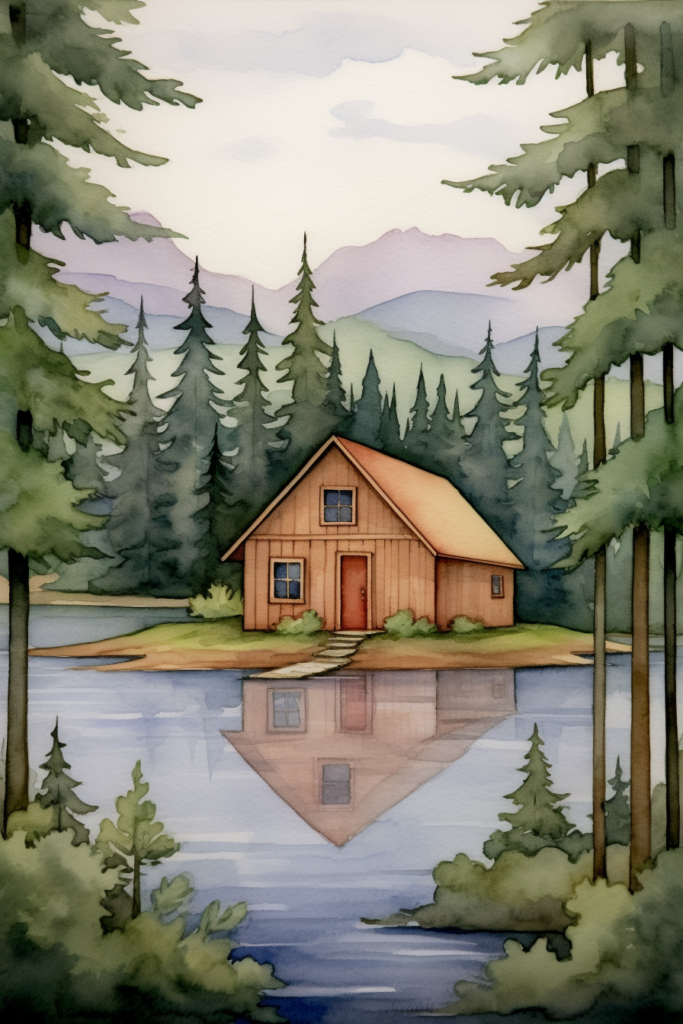 A watercolor illustration of a cabin near a lake.