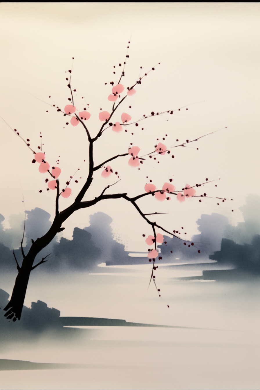 A painting of a sakura tree with pink blossoms.