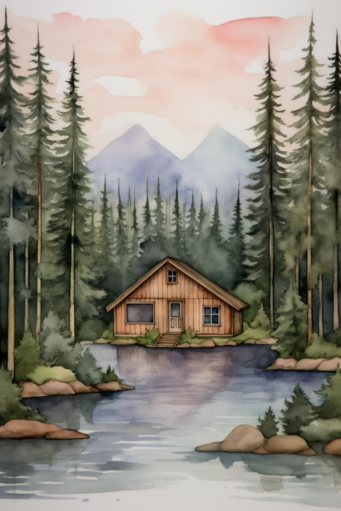 A watercolor painting of a cabin near a lake.