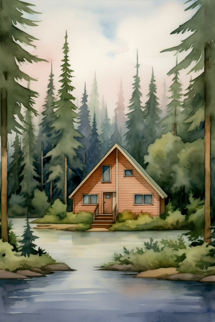 A watercolor illustration of a cabin in the forest.