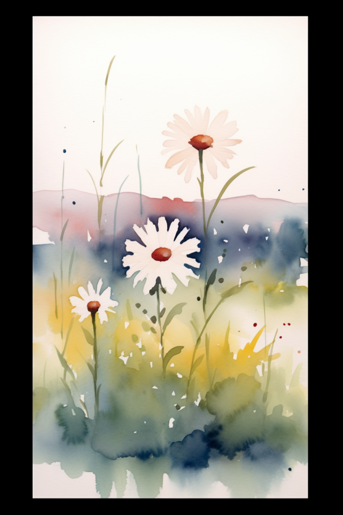 A watercolor painting of daisies in a field.