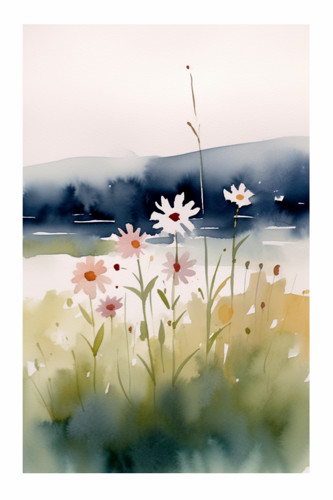 A watercolor painting of flowers near a lake.