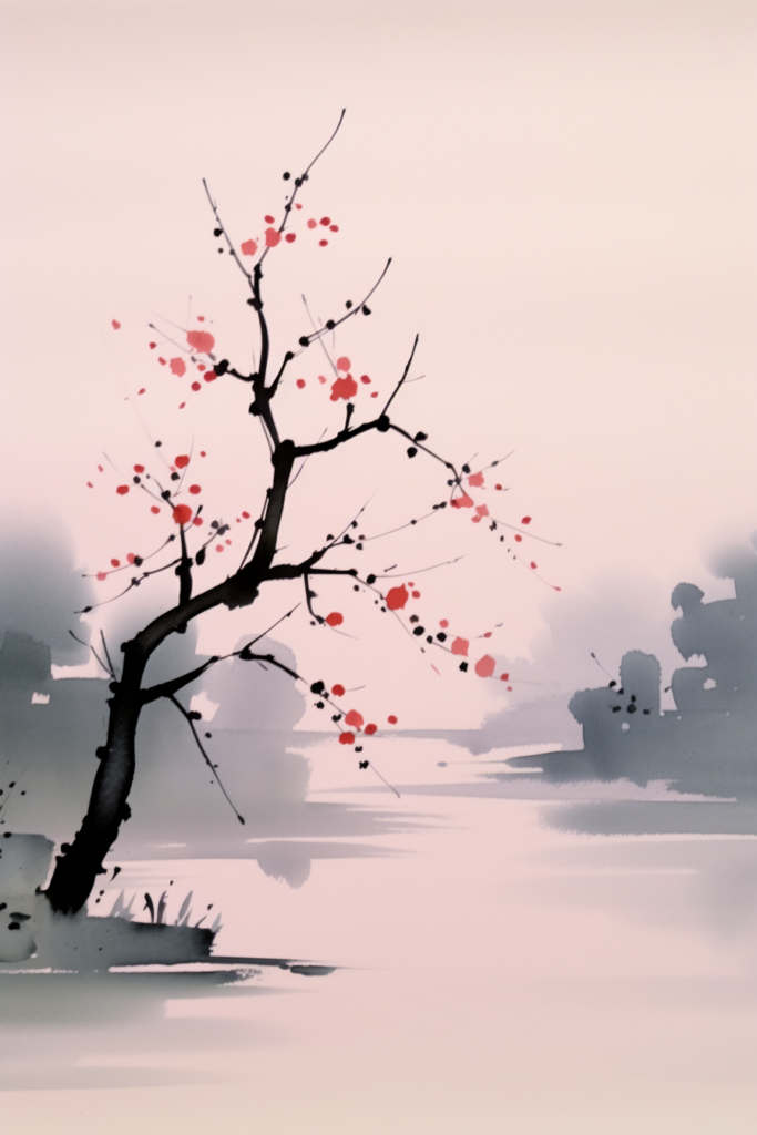 A painting of a tree with red blossoms.