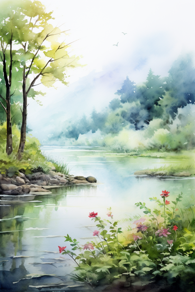A watercolor painting of a river with trees and flowers.