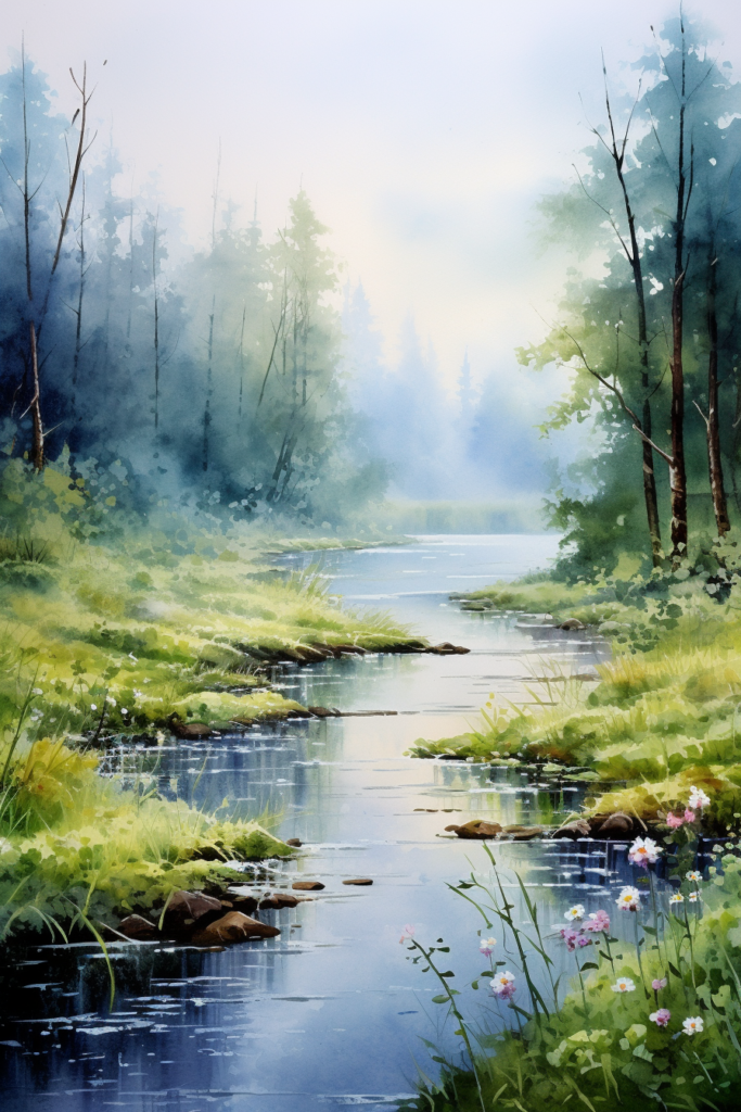 A watercolor painting of a river in a forest.