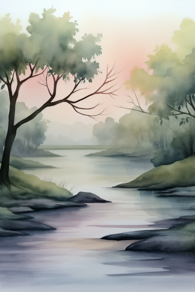 A watercolor painting of a river and trees.