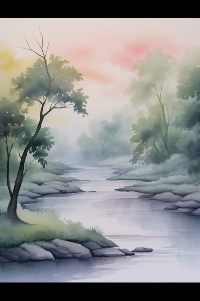 A painting of a river with trees and rocks.