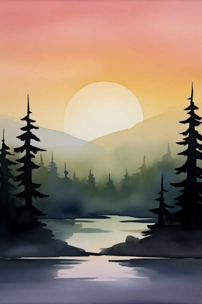 A painting of a sunset with trees and a river.