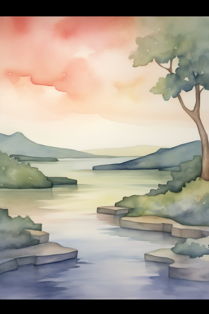 A watercolor painting of a river and a tree.