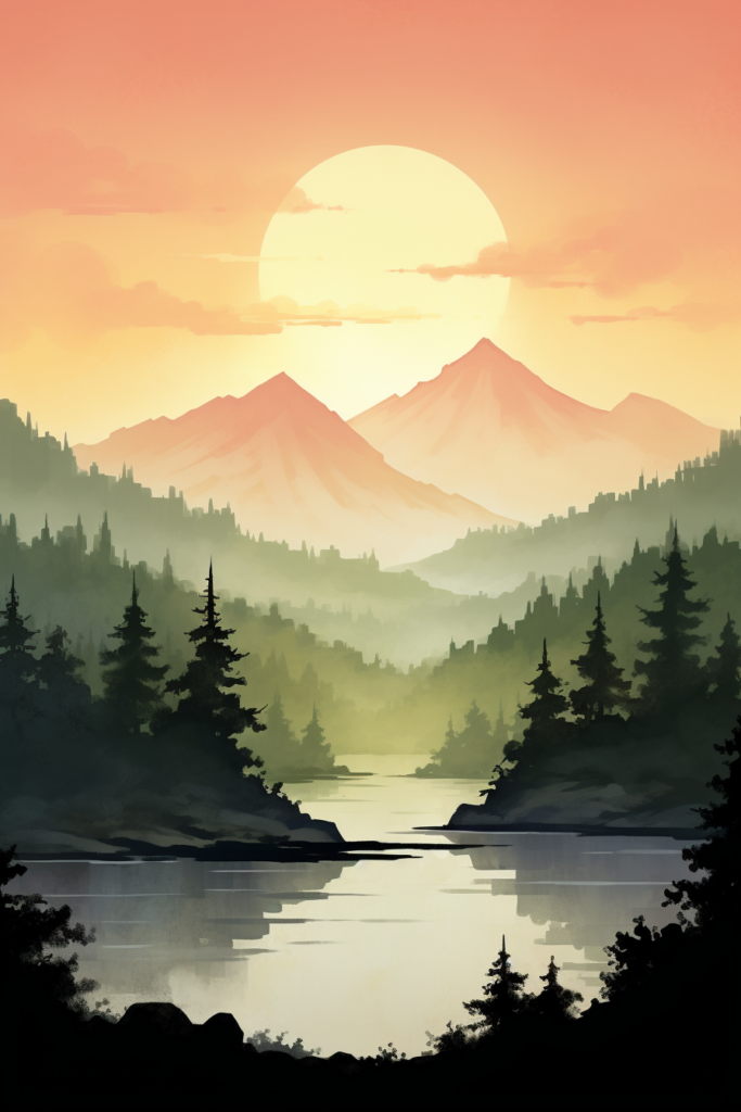 A landscape with trees and a lake at sunset.