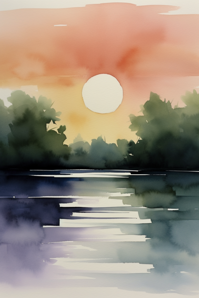 A watercolor painting of a sunset over a river.