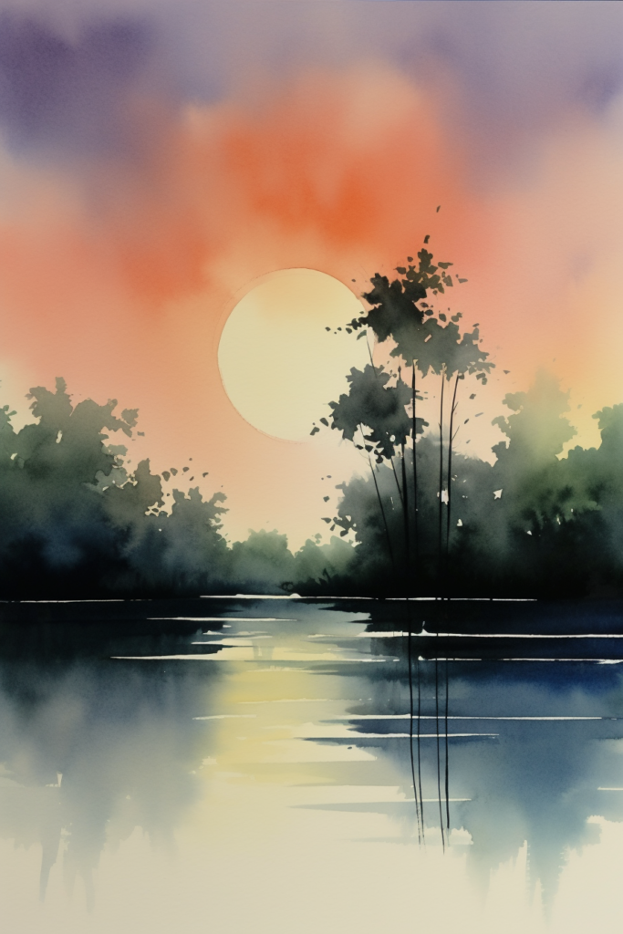A watercolor painting of a sunset over a river.