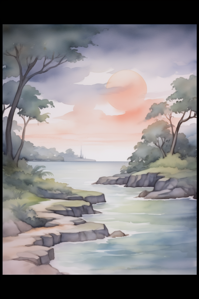 A painting of a lake with trees and rocks.