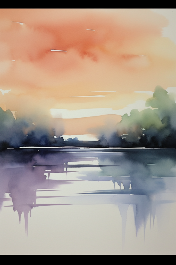 A watercolor painting of a sunset over a lake.