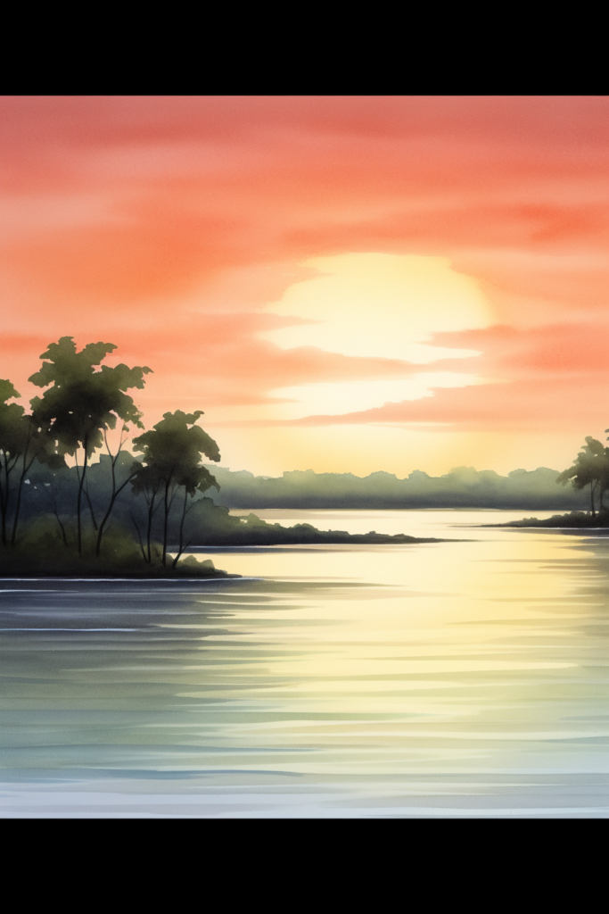 A painting of a sunset over a river.