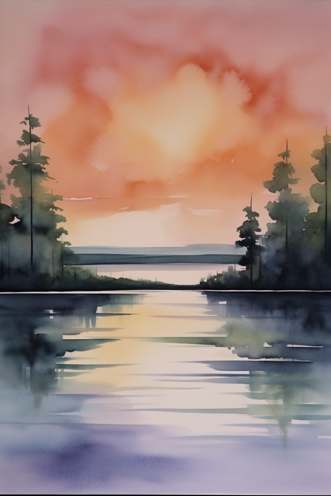 A watercolor painting of a sunset over a lake.