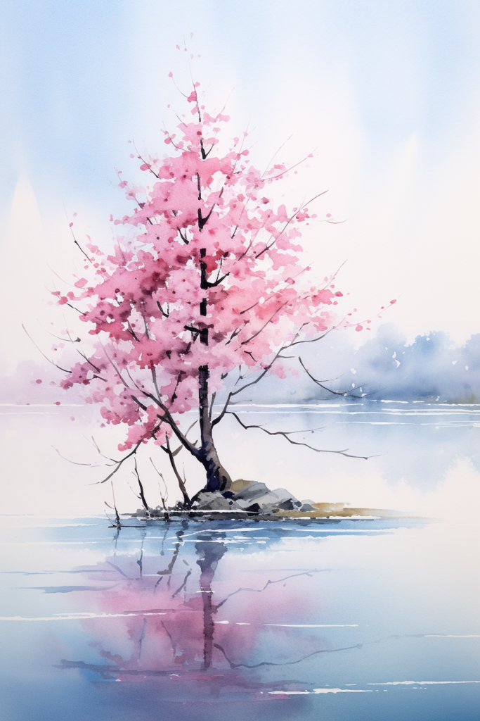 A painting of a pink tree in the water.
