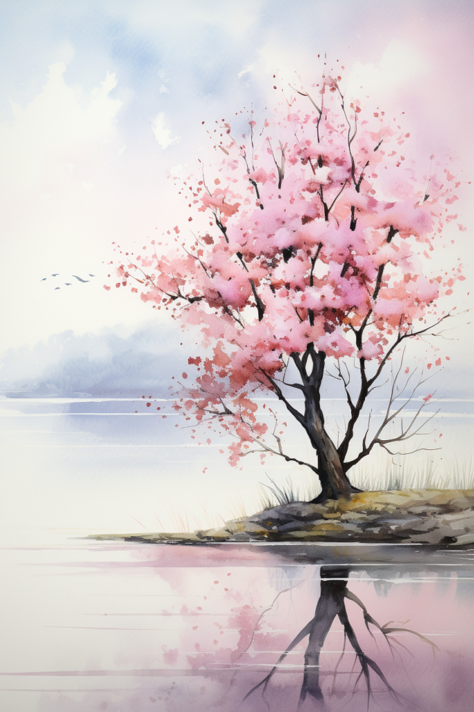 A painting of a pink tree on a lake.