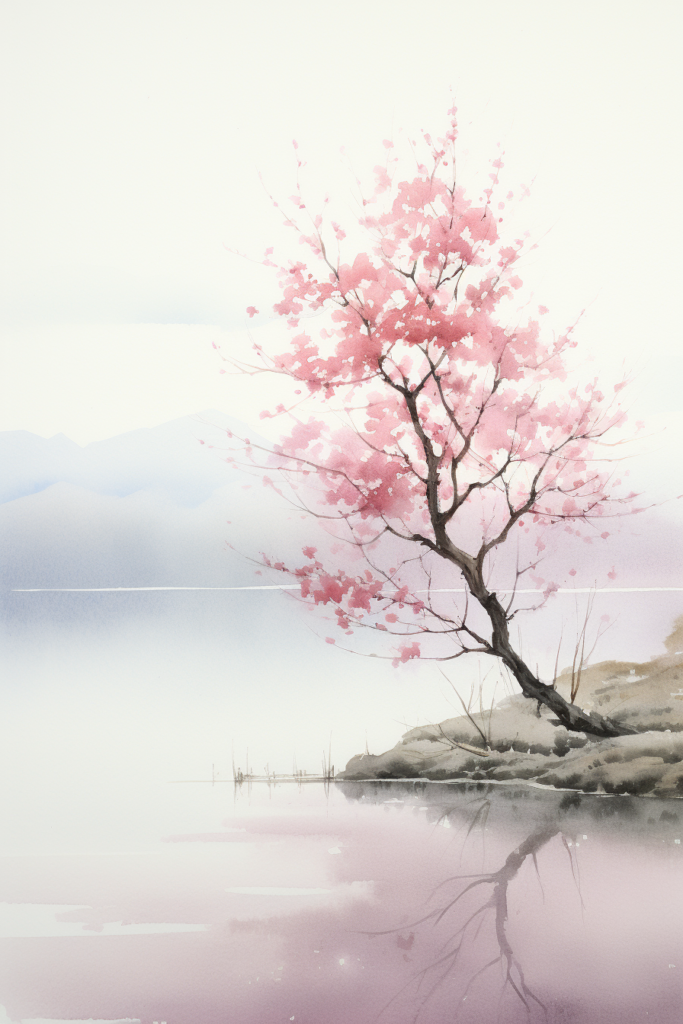A painting of a pink tree near a lake.