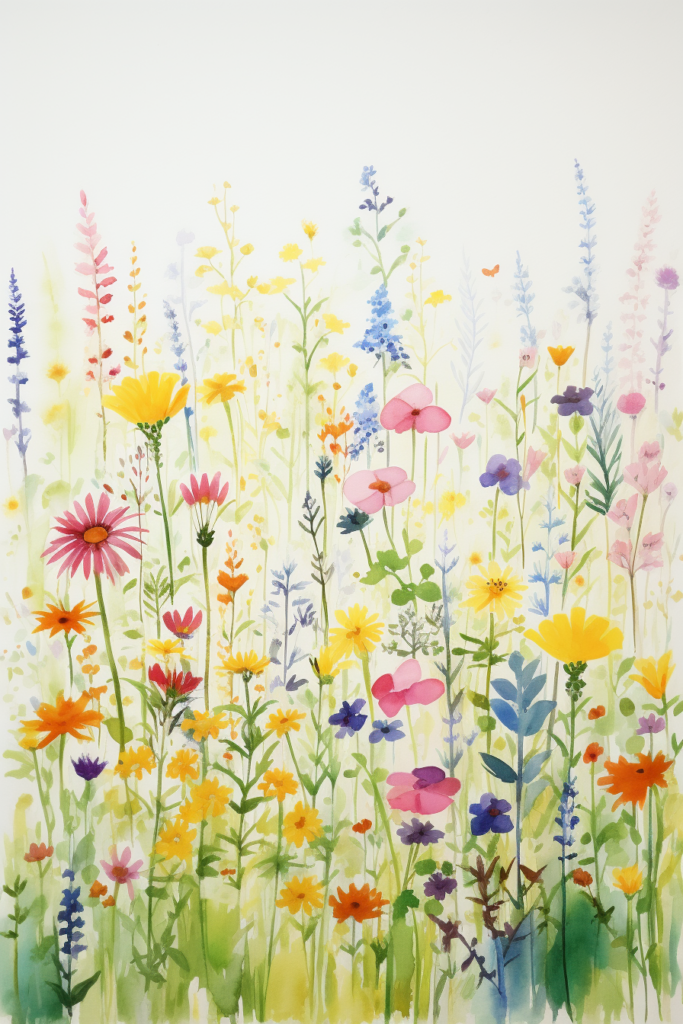 A watercolor painting of a colorful field of flowers.