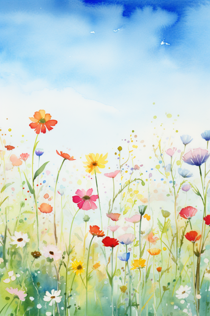 A watercolor painting of a field of flowers.