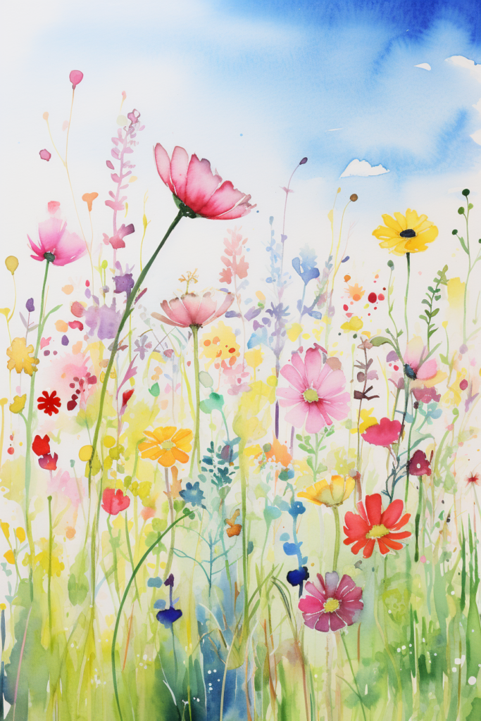A watercolor painting of a field of flowers.