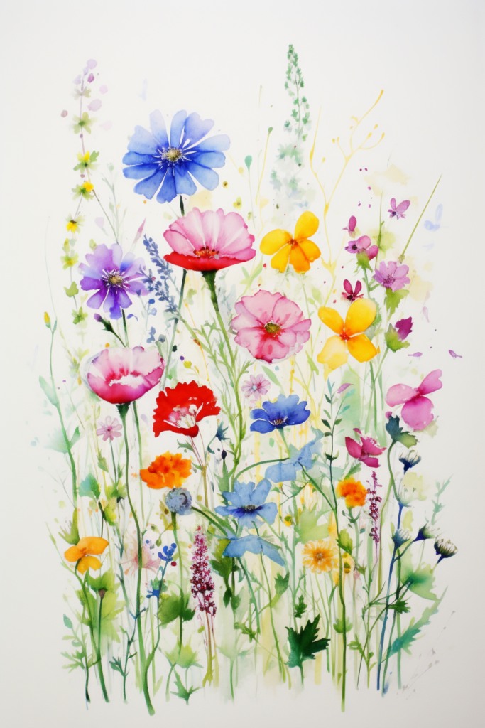 A watercolor painting of wild flowers on a white background.