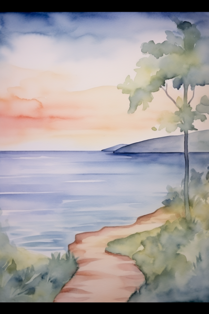 A watercolor painting of a path leading to the ocean.